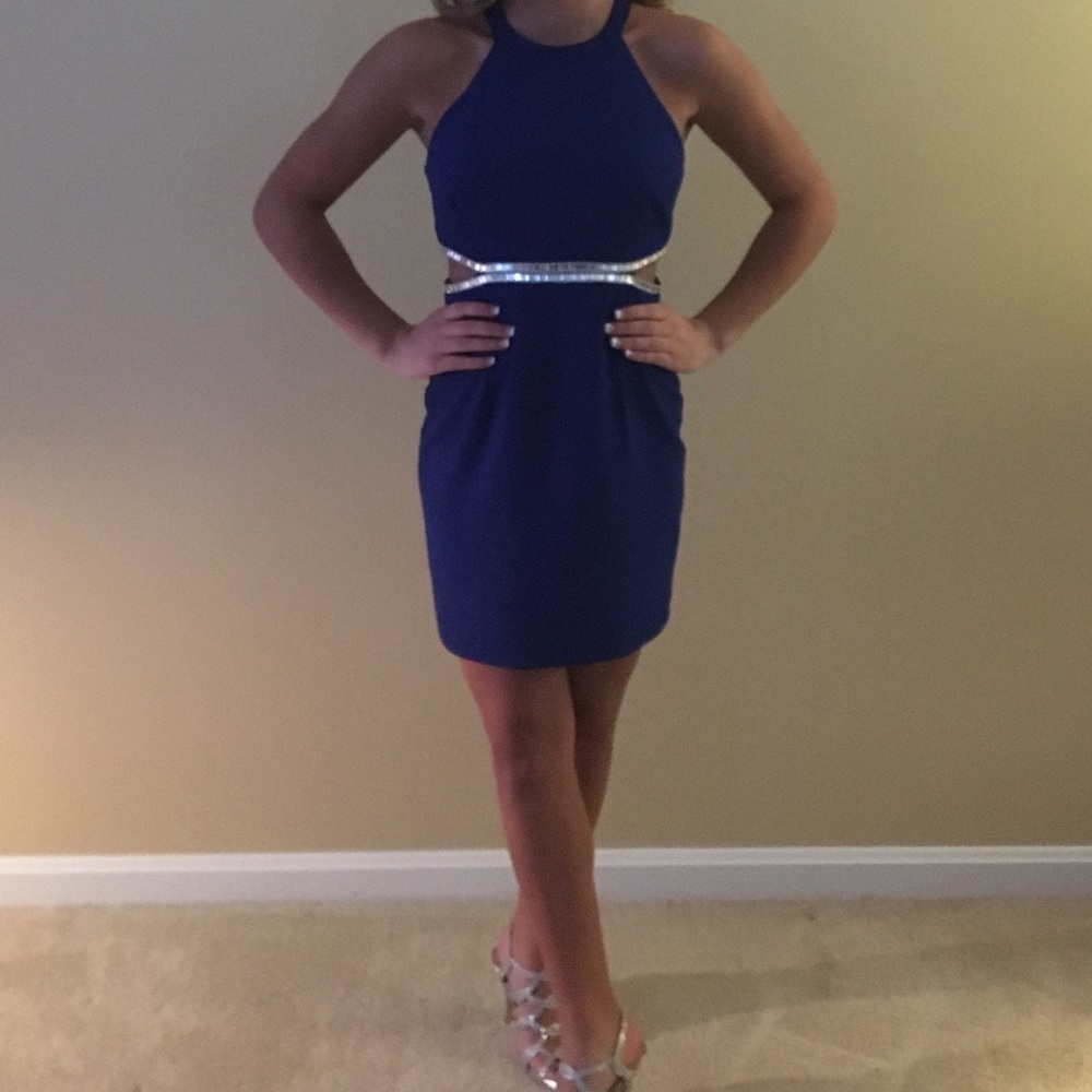 Royal blue dress with rhinestone cut outs